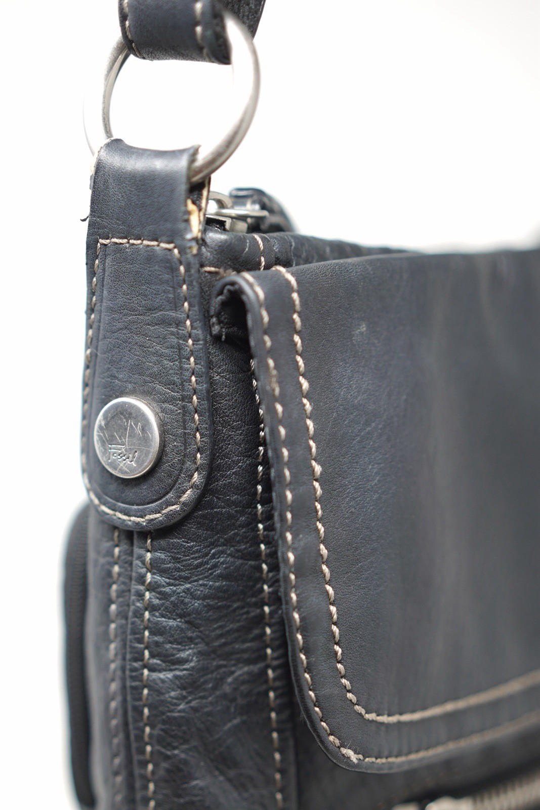 Fossil Black Genuine Pebbled Leather Crossbody Organizer Messenger Bag Purse