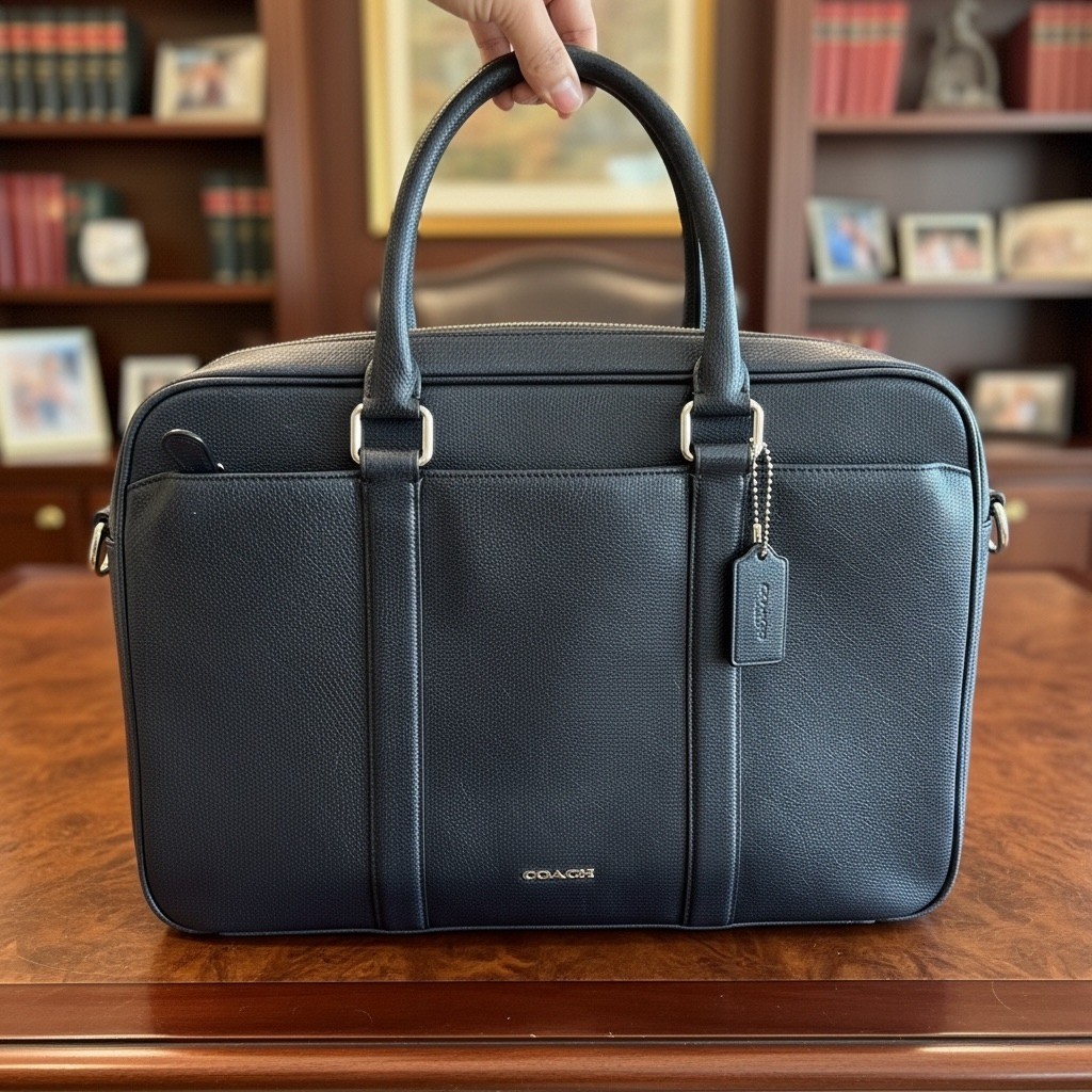 Coach Metropolitan Pebbled Leather Briefcase Laptop Bag Navy Blue Crossbody