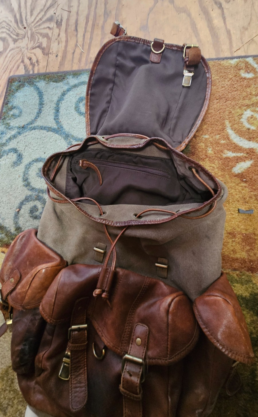Vintage Distressed Brown Leather & Green Canvas Large Heavy Duty Backpack