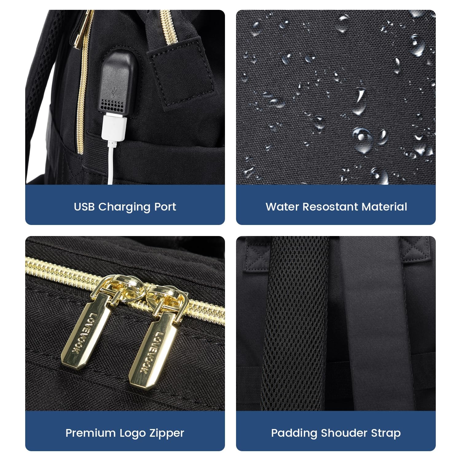15.6 Inch Laptop Backpack Women, Black Waterproof Travel Bag with USB Port