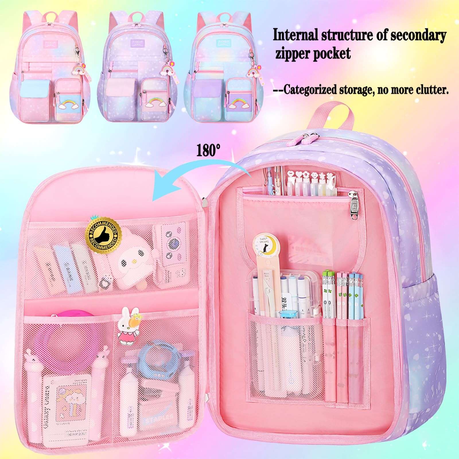 Girls Rainbow School Backpack for Elementary,Kawaii Bookbag 17.5in