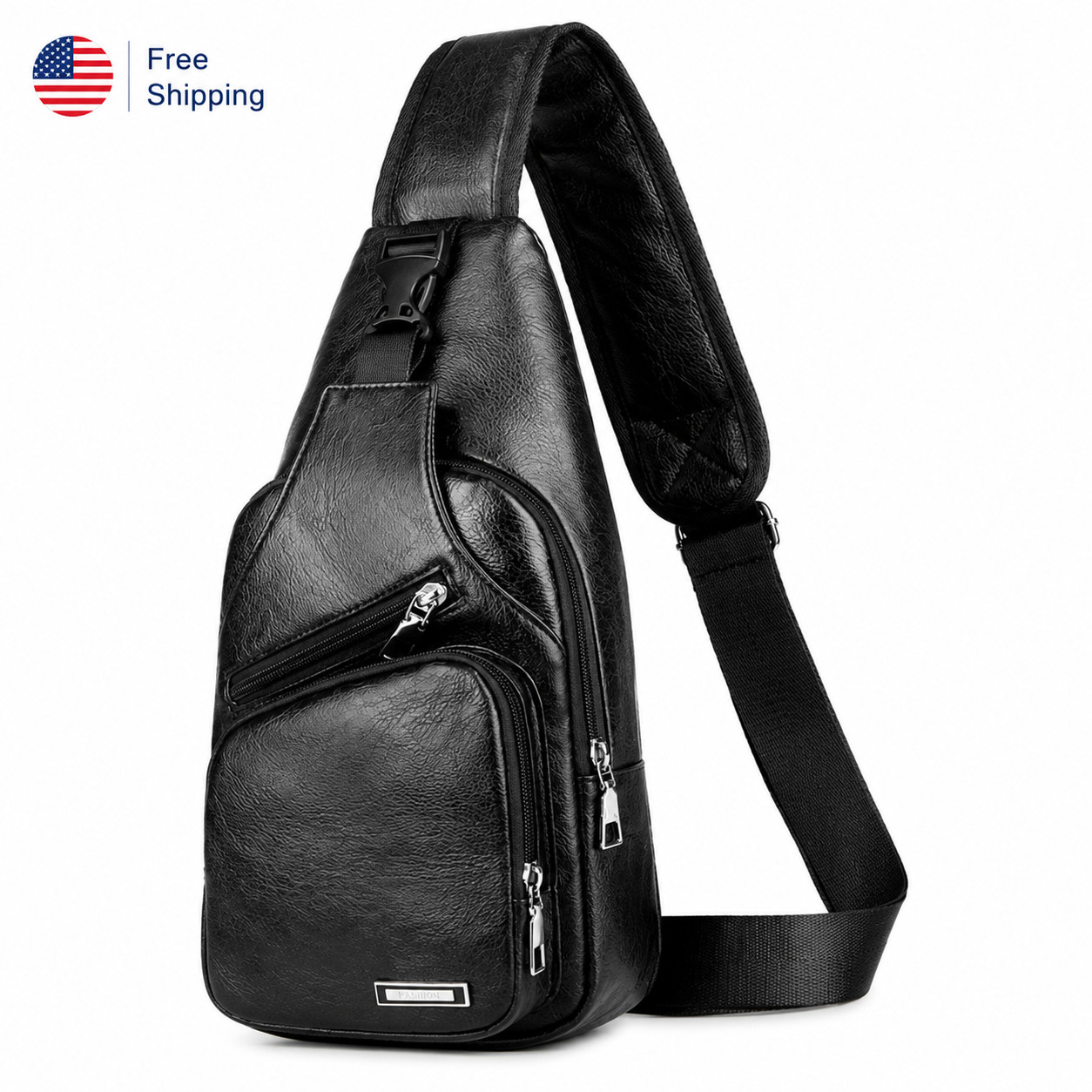 Men’s Black Faux Leather Sling Backpack USB Port Water Resistant Crossbody Bag