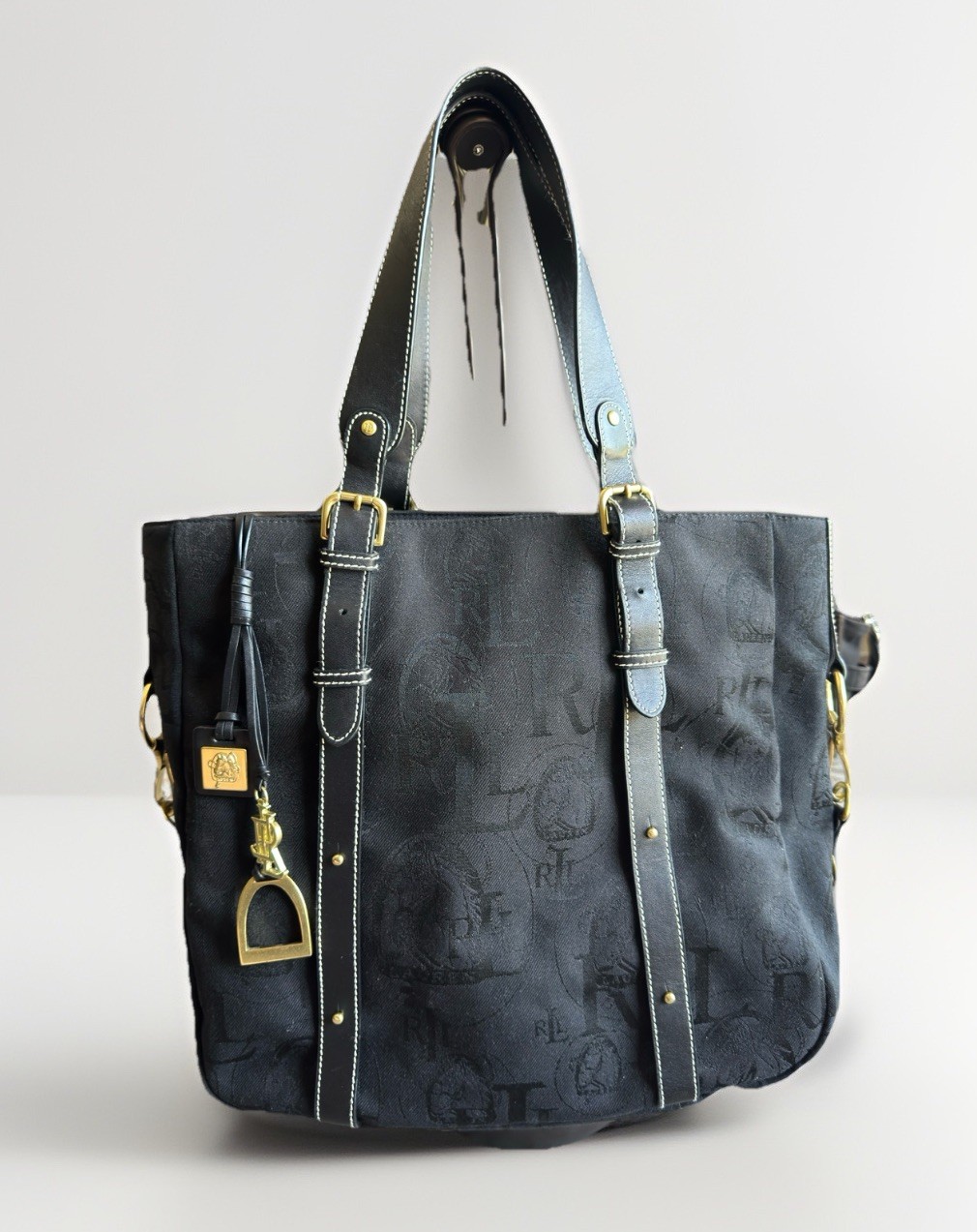 Vintage Ralph Lauren Canvas and Leather Tote Bag Embossed Logo in Black Gold