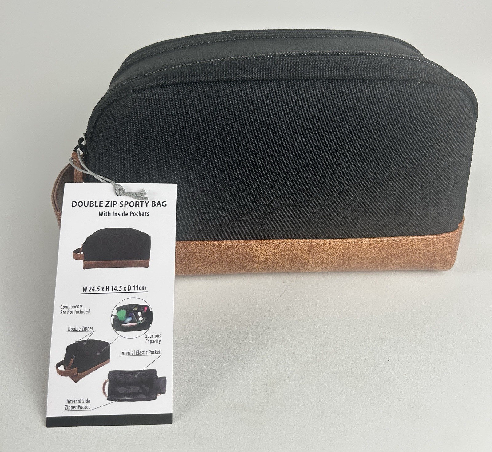 Men’s Double Zip Sporty Dopp Kit Toiletry Travel Bag Black Brown Faux Leather