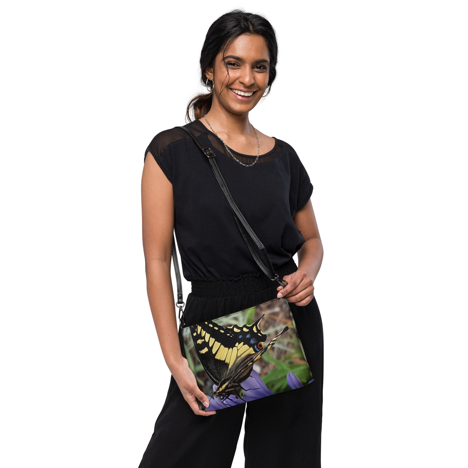 Crossbody bag Wristlet Butterfly on Purple flower Photo Print