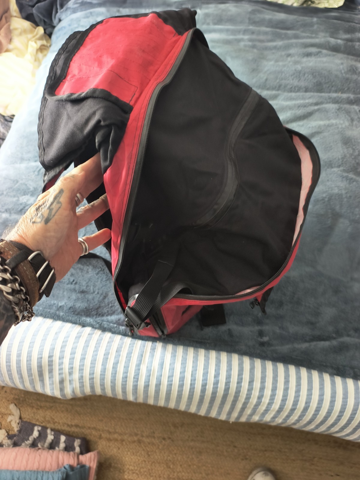 Mission Workshop Vandal- Red Cycling/travel Backpack. Expandable and rolltop.