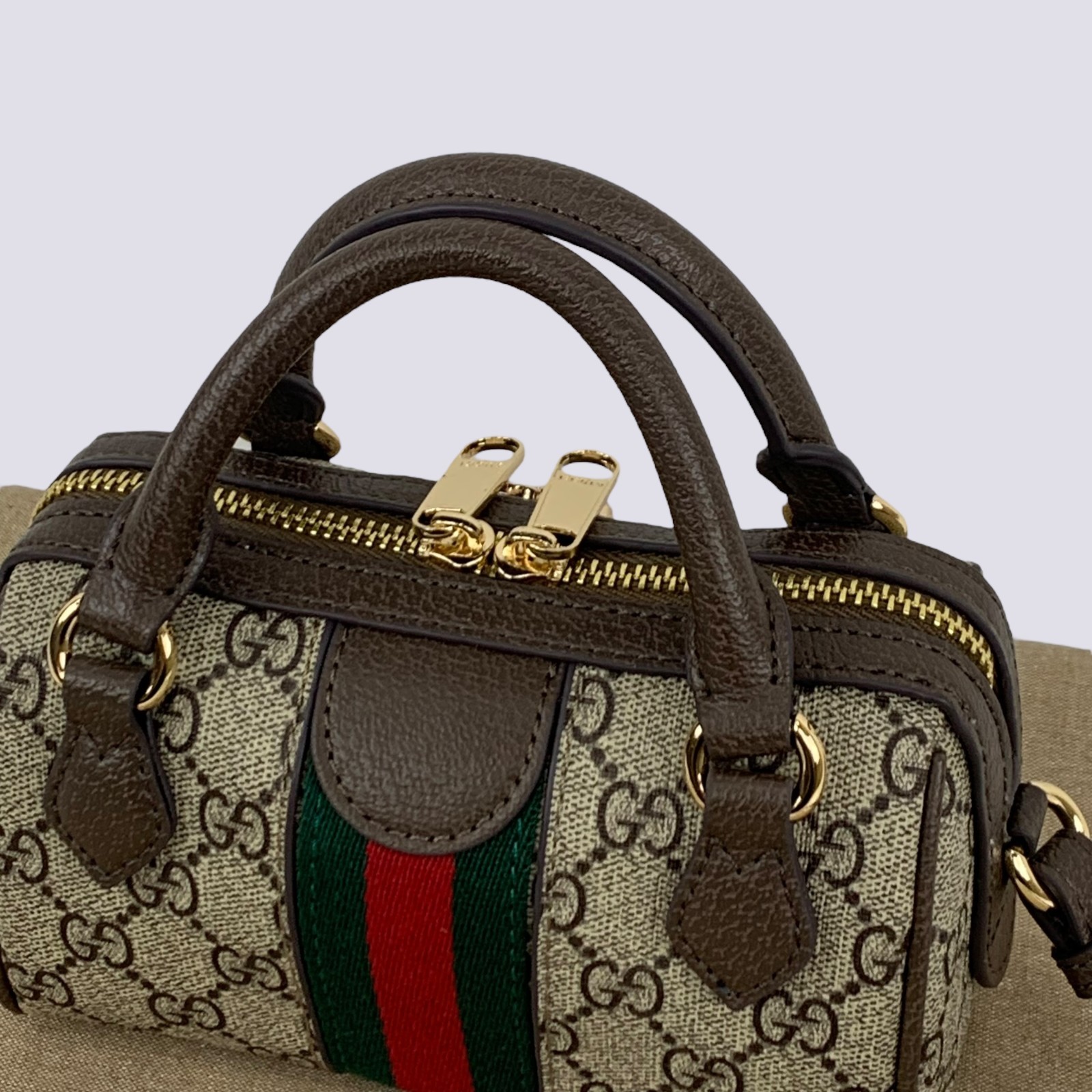 Gucci GG Monogram Logo Ophidia Top Handle & Shoulder Super Mini Bag Beige 781490