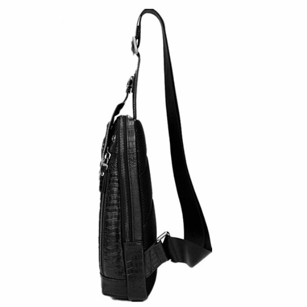 Genuine Leather Sling Backpack Black Men’s Crossbody Chest Bag Crocodile Pattern