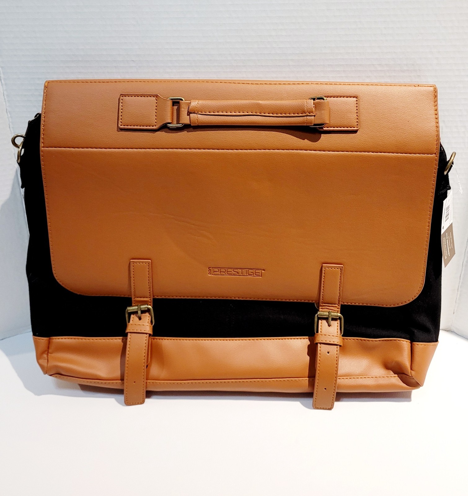 NEW WITH TAGS PRESTIGE MESSENGER BAG-BLACK & TAN-18″ X 15″ W/STRAP AND ZIPPER