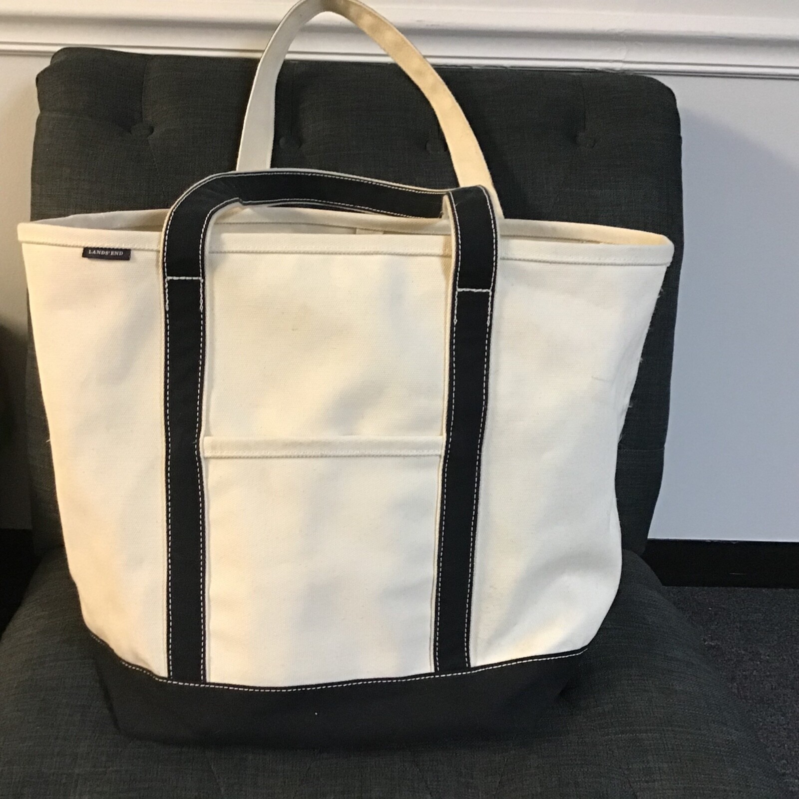 Vtg Extra Large Heavy Duty Canvas Lands End BOAT AND TOTE 100% Cotton Cream/Blue