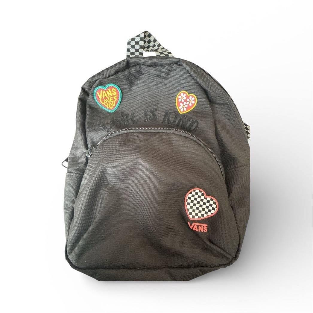 Vans Mini Backpack Black Checkerboard Straps Heart Patches “Vans Loves You” Y2K