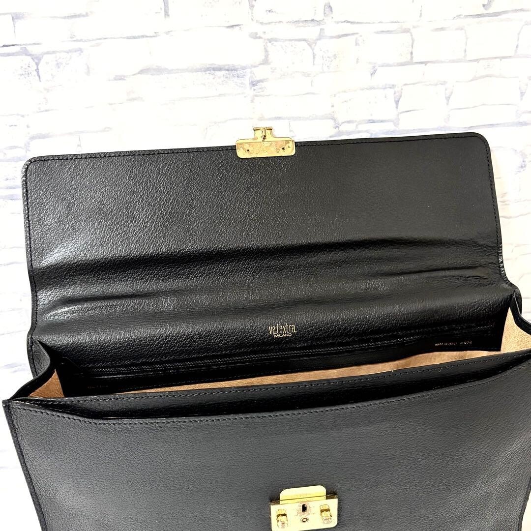 Valextra Leather Briefcase Business Bag Black Flap Lock A4 Italy Authentic
