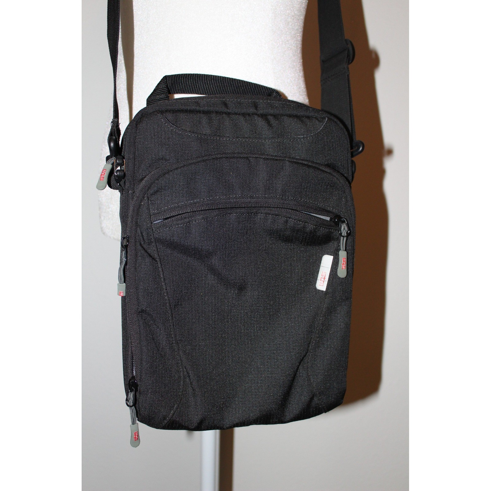 STM Black Nylon Vertical Messenger Crossbody Tablet Tech Bag Organizer Utility