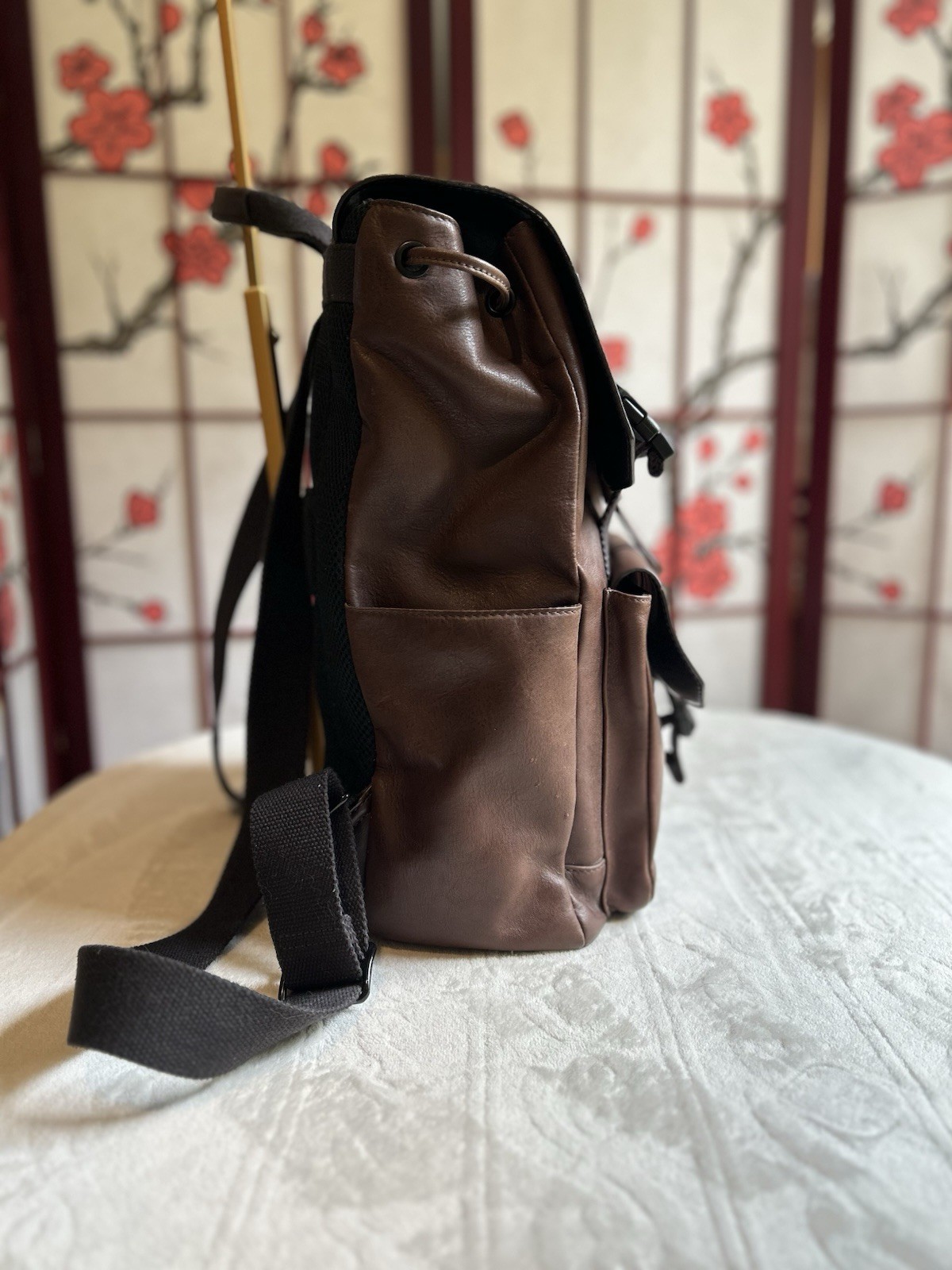 Fossil Brown Backpack Drawstring Flap Buckle Top Handle Outer Pockets Laptop