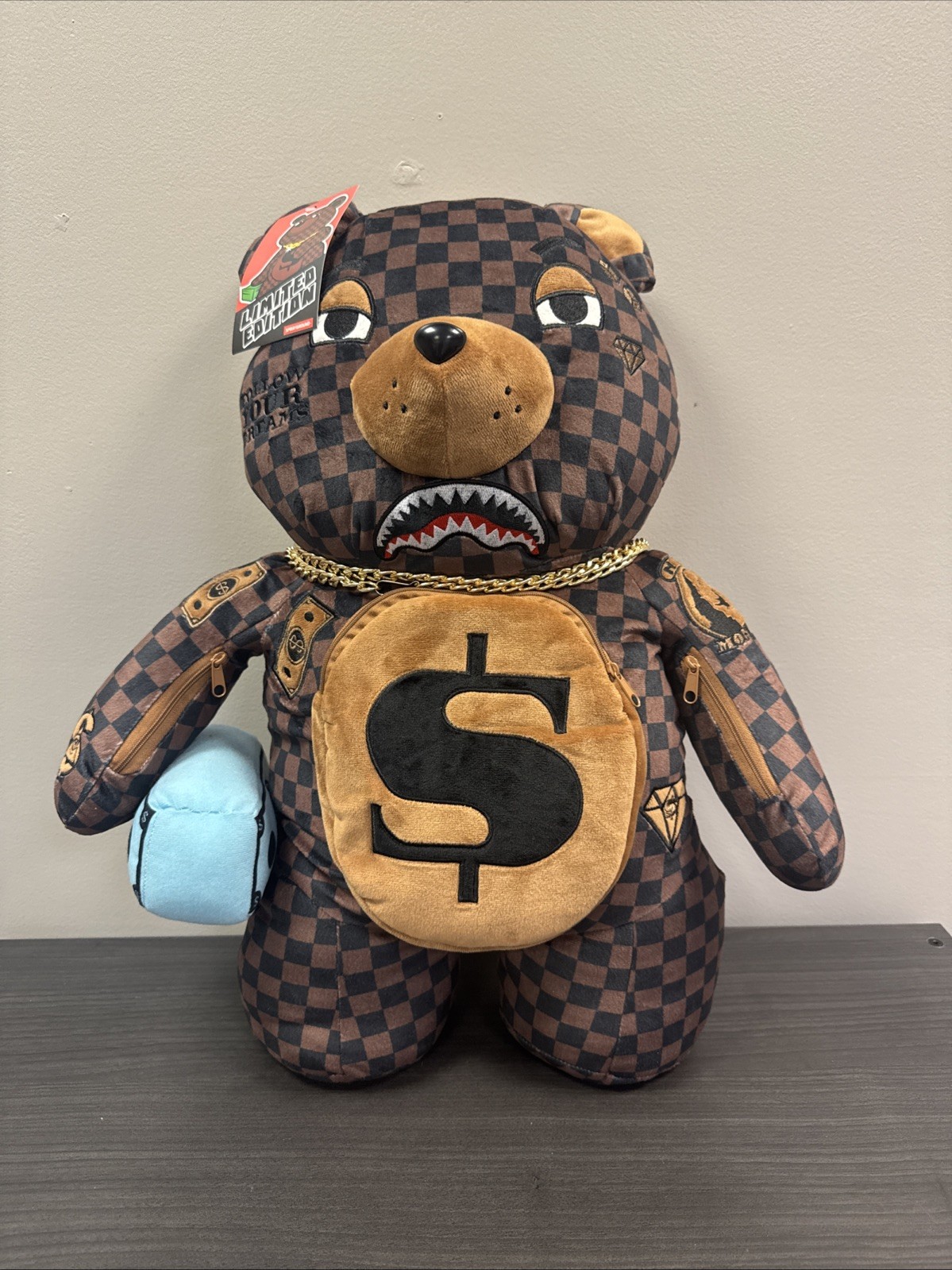 SPRAYGROUND Plush Offended Money Bear Checkered Backpack Bag Limited Edition