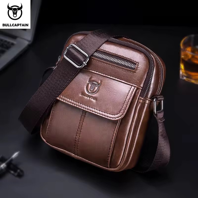 BULLCAPTAIN Men leather Shoulder Crossbody Travel Messenger Chest Sling Bag