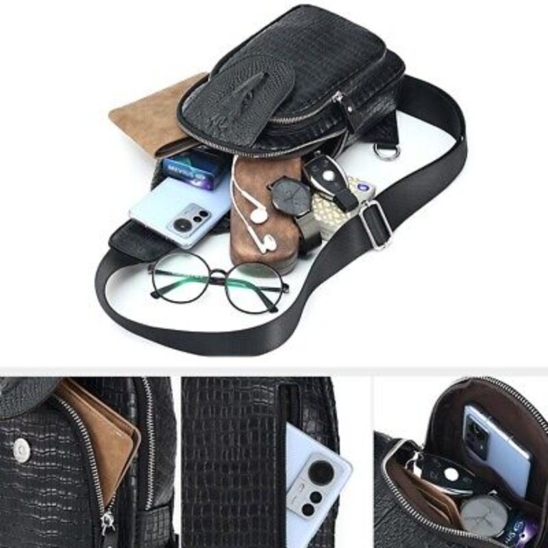 Black Real eather Sling Backpack, Men’s Crossbody Chest Bag Crocodile Pattern