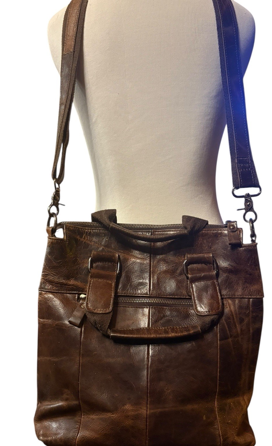 Vtg Genuine Leather Brown Satchel Briefcase Messenger Bag Distressed 13” X 12.5”