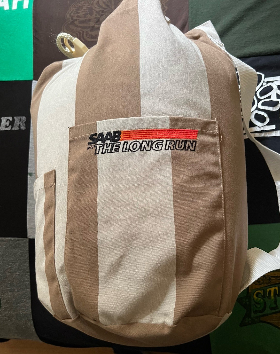 Rare SAAB Turbo “The Long Run” Talladega Striped Canvas Backpack Bag Vintage
