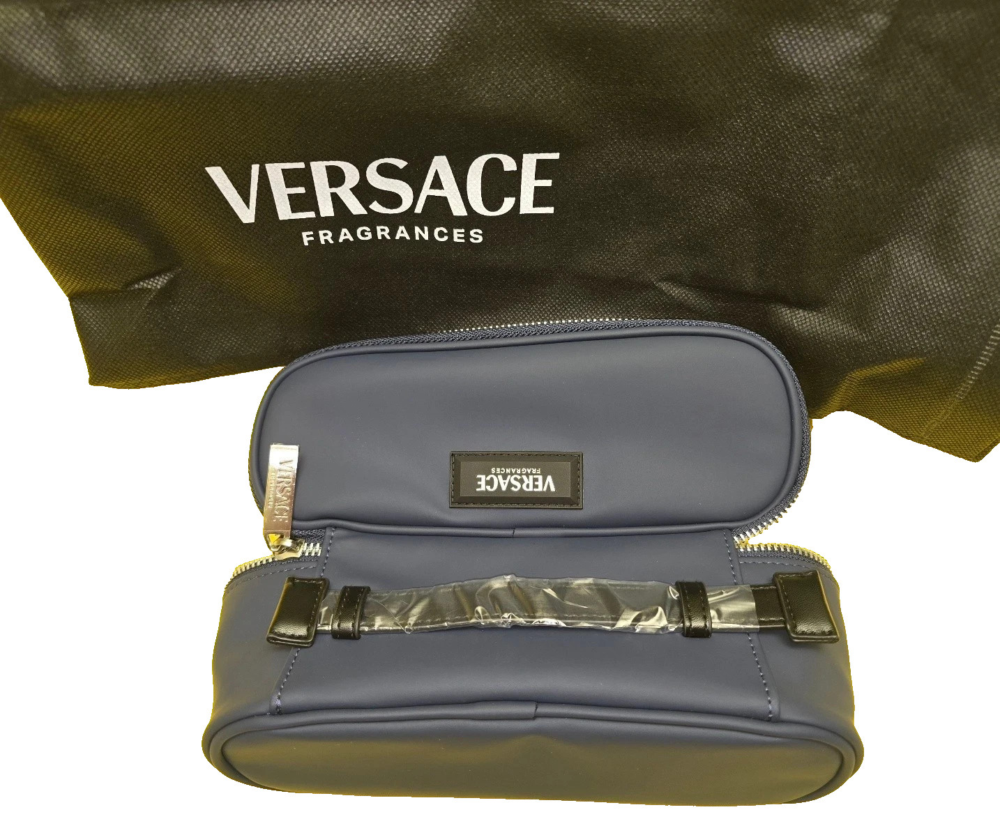 VERSACE BLUE TOILETRY ZIP UP LOGO CARRY BAG BEAUTY CASE POUCH W/HANDLE DUST BAG