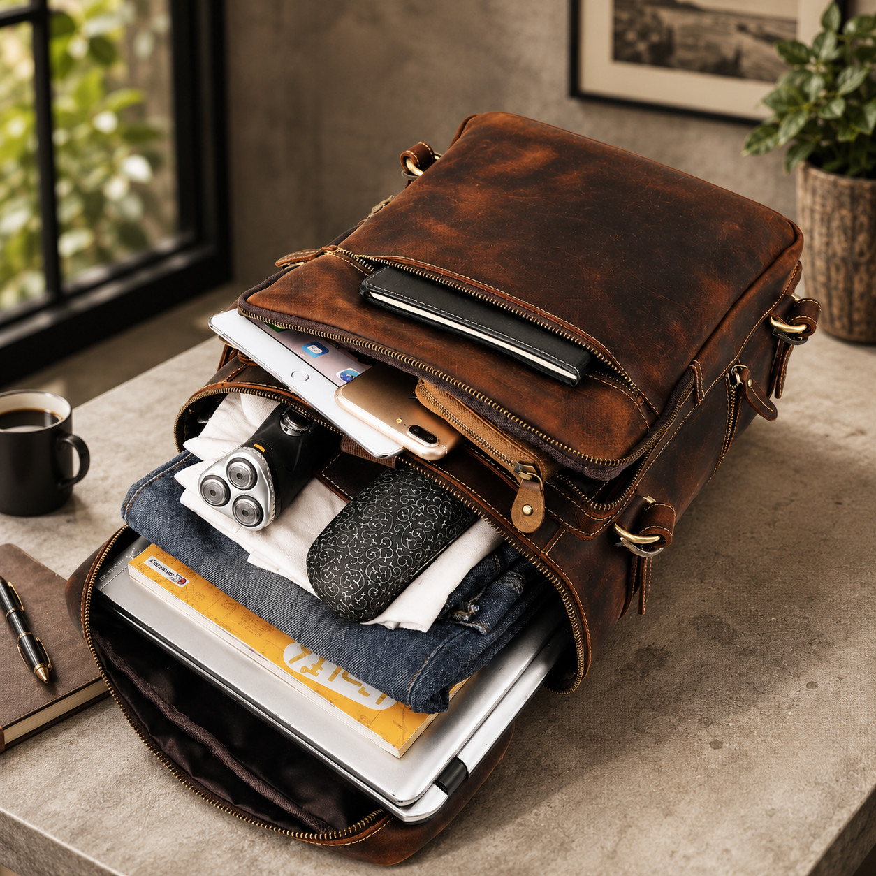 Brown Leather Laptop Backpack 17.5″ Travel Business Rucksack for Men