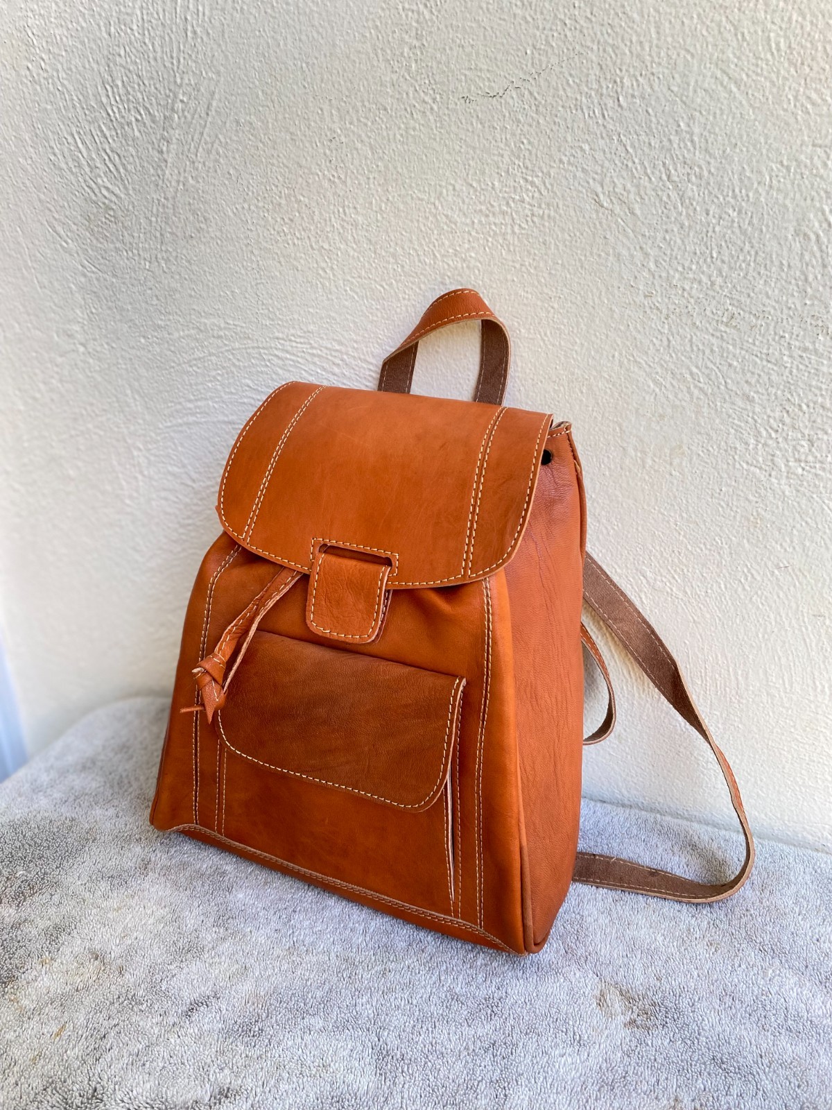 Cognac Leather Backpack Handmade Morocco Artisan Zip Genuine Leather