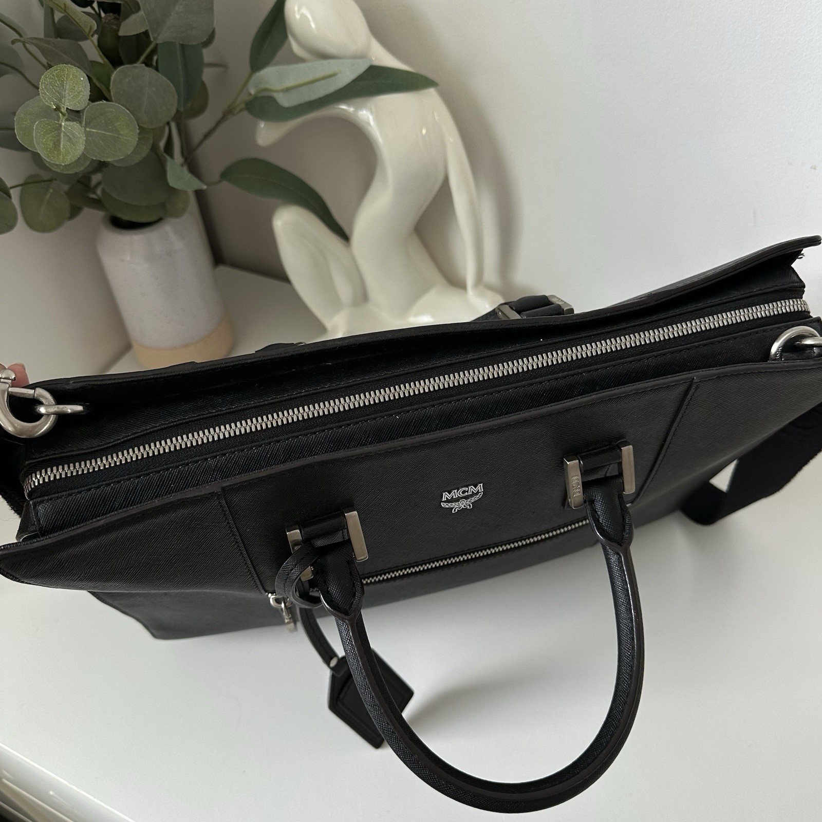 MCM Klassik Briefcase Black Saffiano Leather Silver Hardware Laptop Document