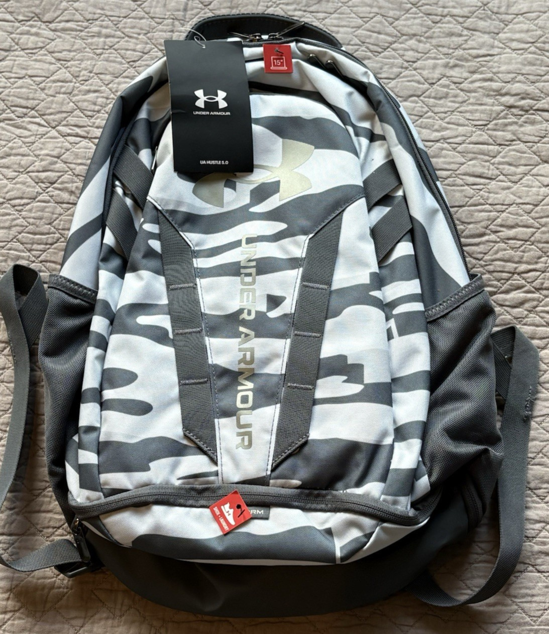 Under Armour UA Hustle 5.0 Storm Backpack Gray White Camo Holds 15″ Laptop NWT