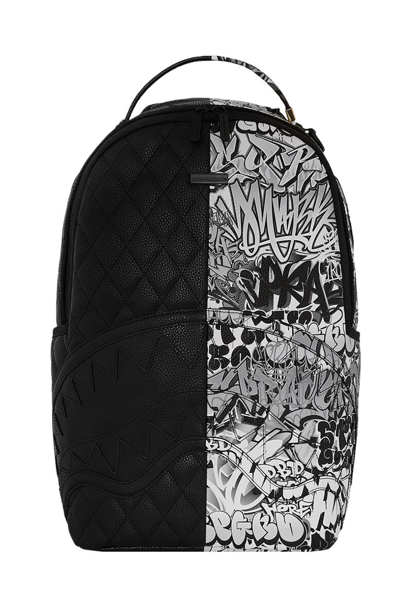 Sprayground Shark In Paris Half Graff Logo Backpack Black and White Books Bag