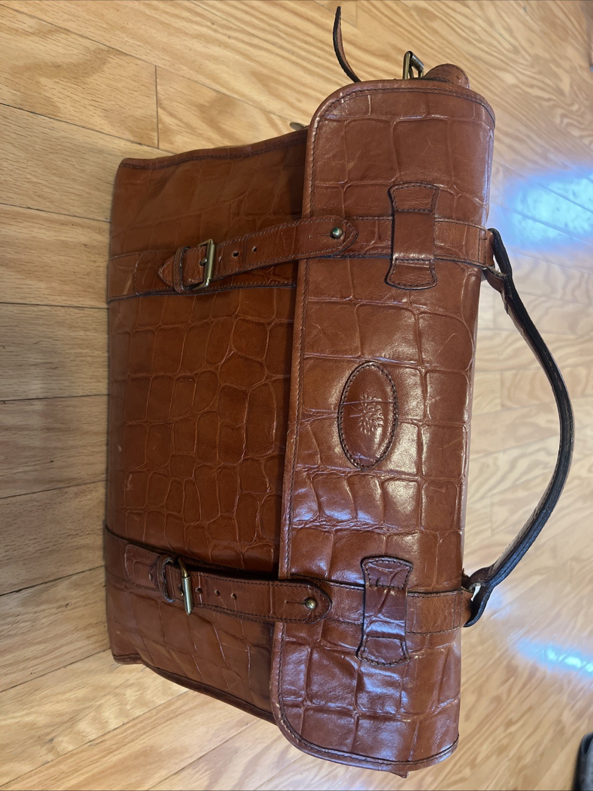 Mulberry Brown Leather Briefcase Messenger Bag Croc Embossed