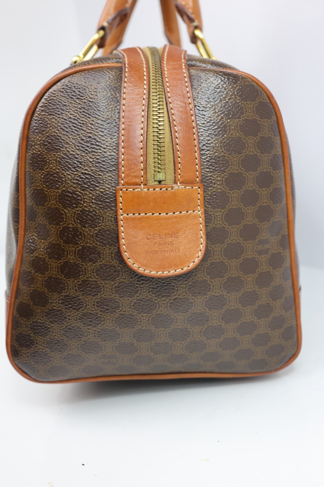 Authentic CELINE Macadam Boston Bag 35cm Brown PVC Leather Travel Handbag Vintag