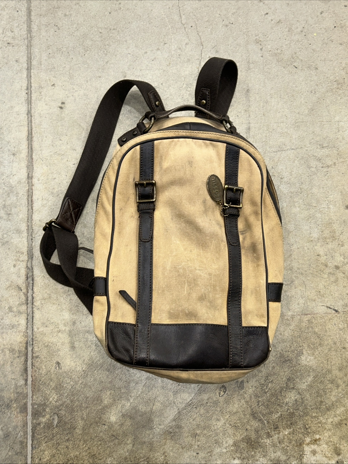 FOSSIL Estate Backpack Rugged Olive Canvas Brown Faux? Leather Trim Padded Zip