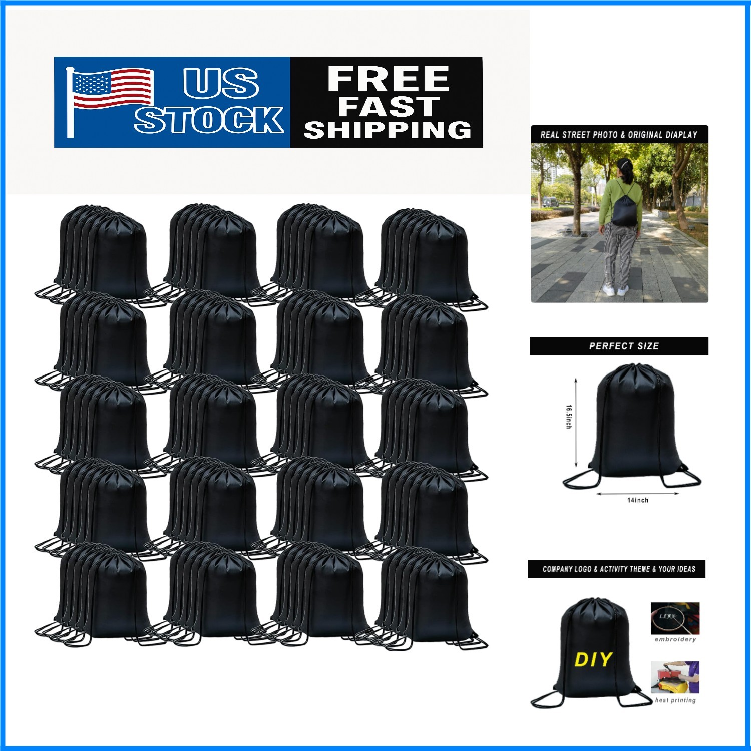 Durable Drawstring Bags (100-Pack) – Lightweight, Adjustable, & Machine Washable
