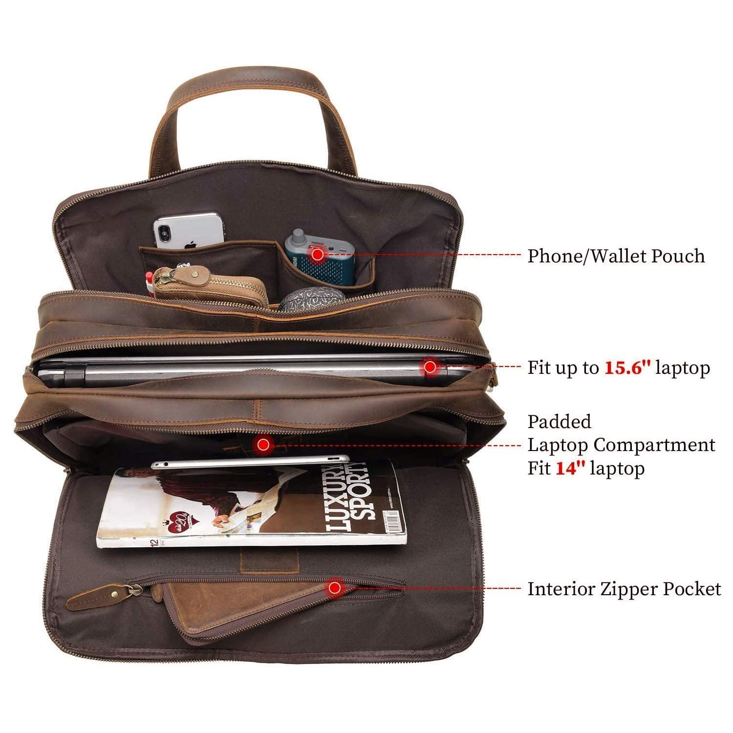 Polare 15.7″ Full Grain Cowhide Leather Laptop Business Briefcase Work Bag Co…