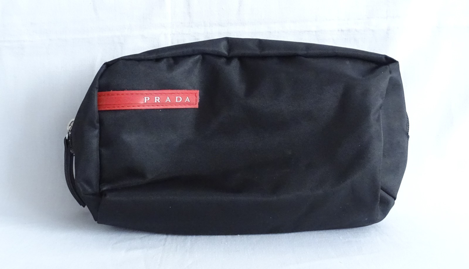 Prada Tessuto Dopp Kit Travel Wash Case Toiletry Bag – Black Red Stripe Logo