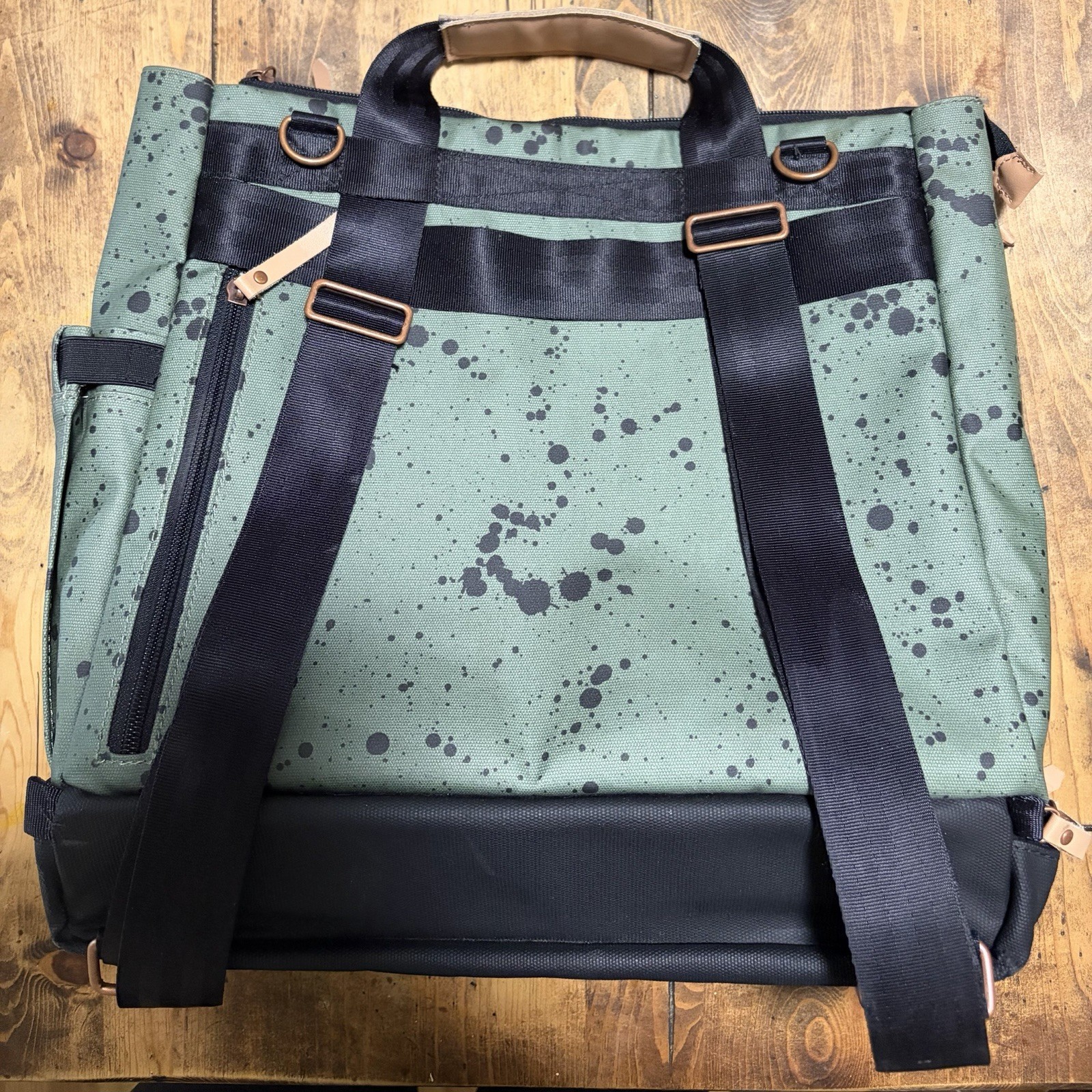 Petunia Pickle Bottom Green Black Splatter Convertible Backpack Tote Zip Pockets