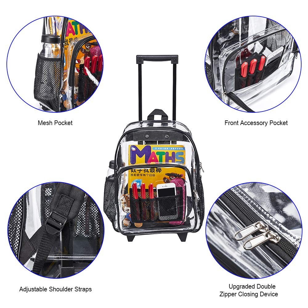 Cold-Resistant Security Rolling Clear Backpack with Wheels Black