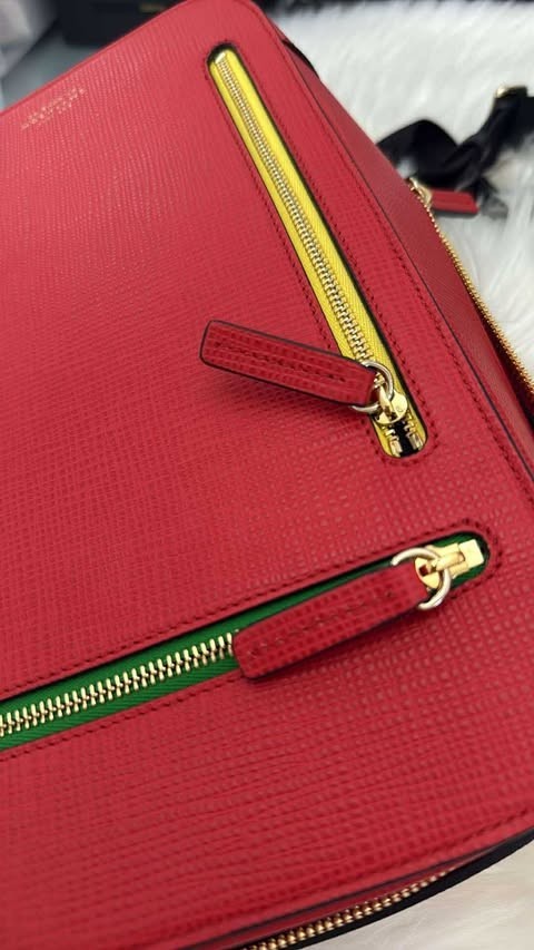 Smythson Bags Leather Shoulder Crossover Bag Red Yellow Green Zip W/ Pouch Auth