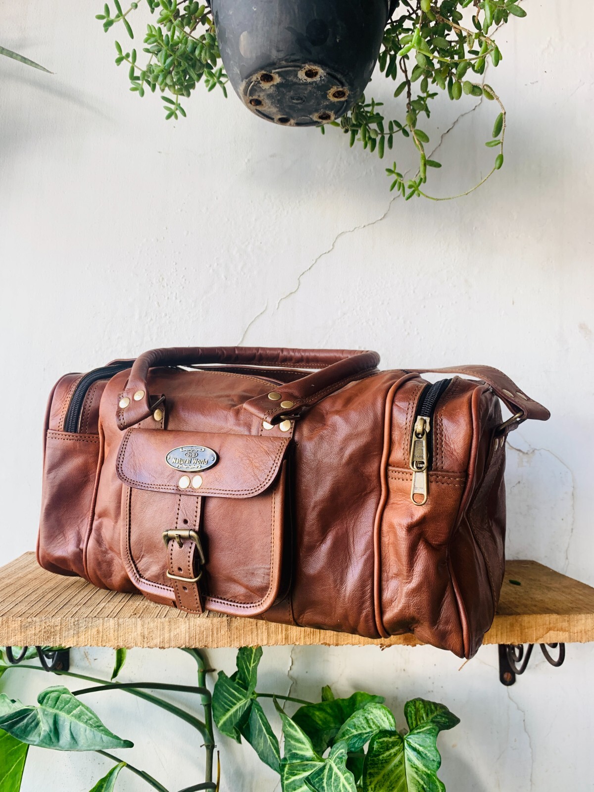 Bag Goat Leather Duffle Men Travel Luggage Genuine Brown Free Bag [ 7X9 inch ]