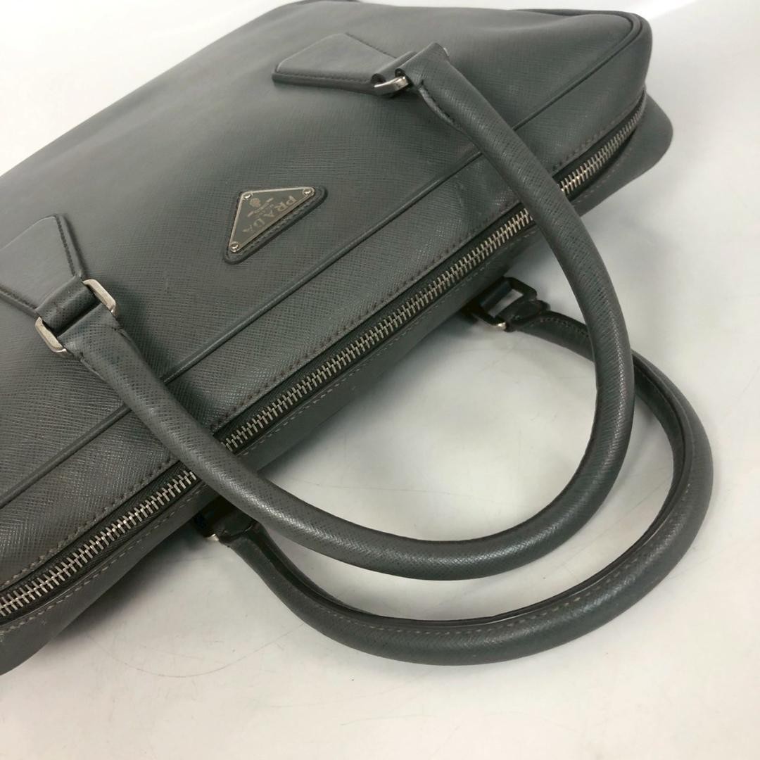 Prada Saffiano Briefcase Business Bag Leather Tote Messenger Shoulder Bag Gray