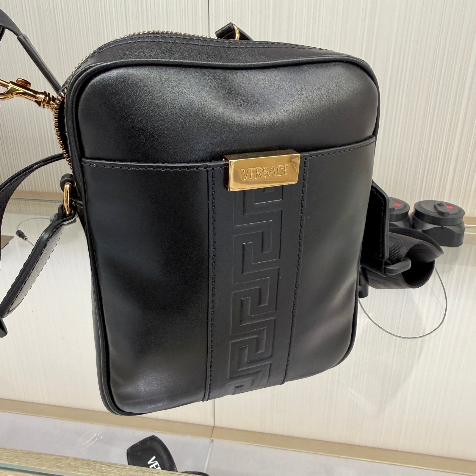 Versace 1020736 Black Leather Greca Crossbody Messenger Bag Gold Logo