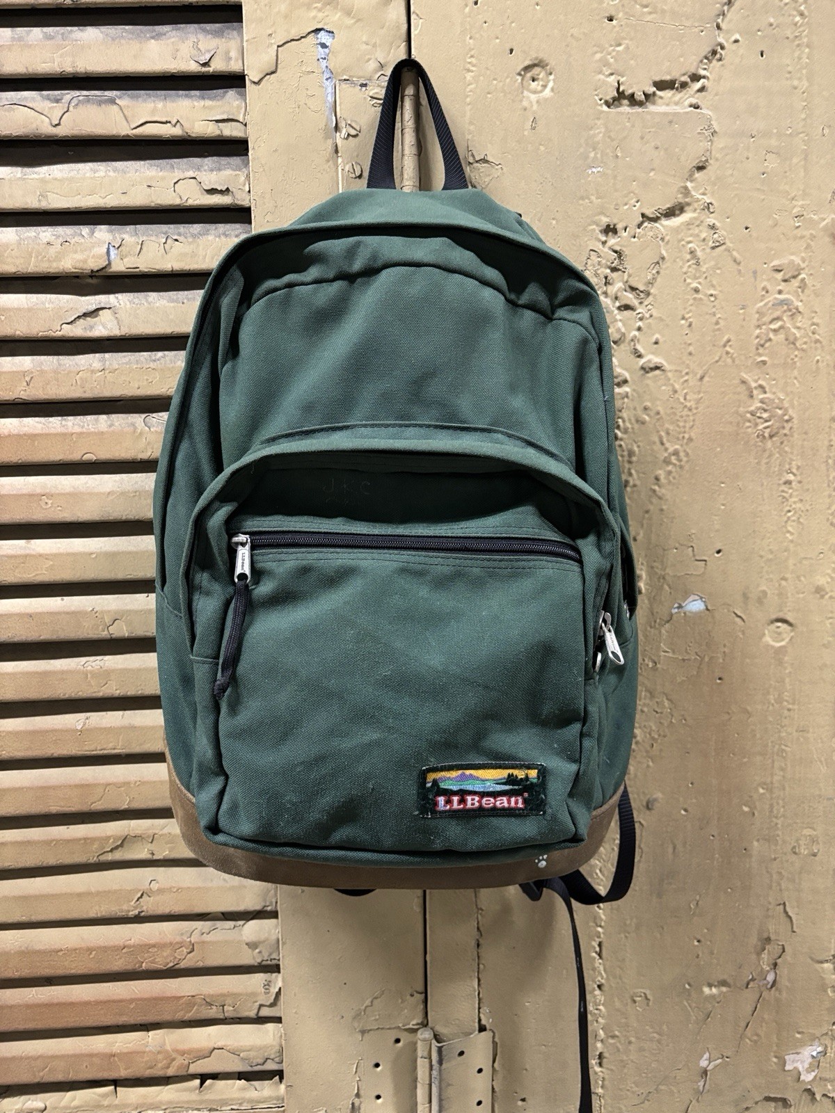 Vintage L.L. Bean Leather Bottom Green Nylon Canvas Backpack Made in Korea
