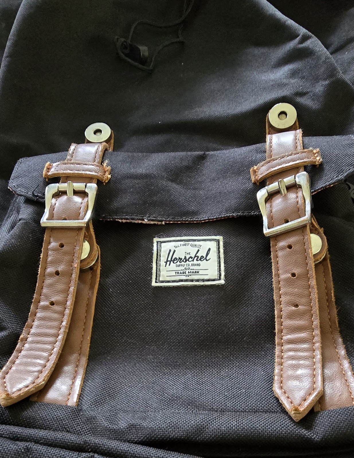 Herschel Backpack Black, Brown Straps, Red/White Striped Interior Large Flap Bag