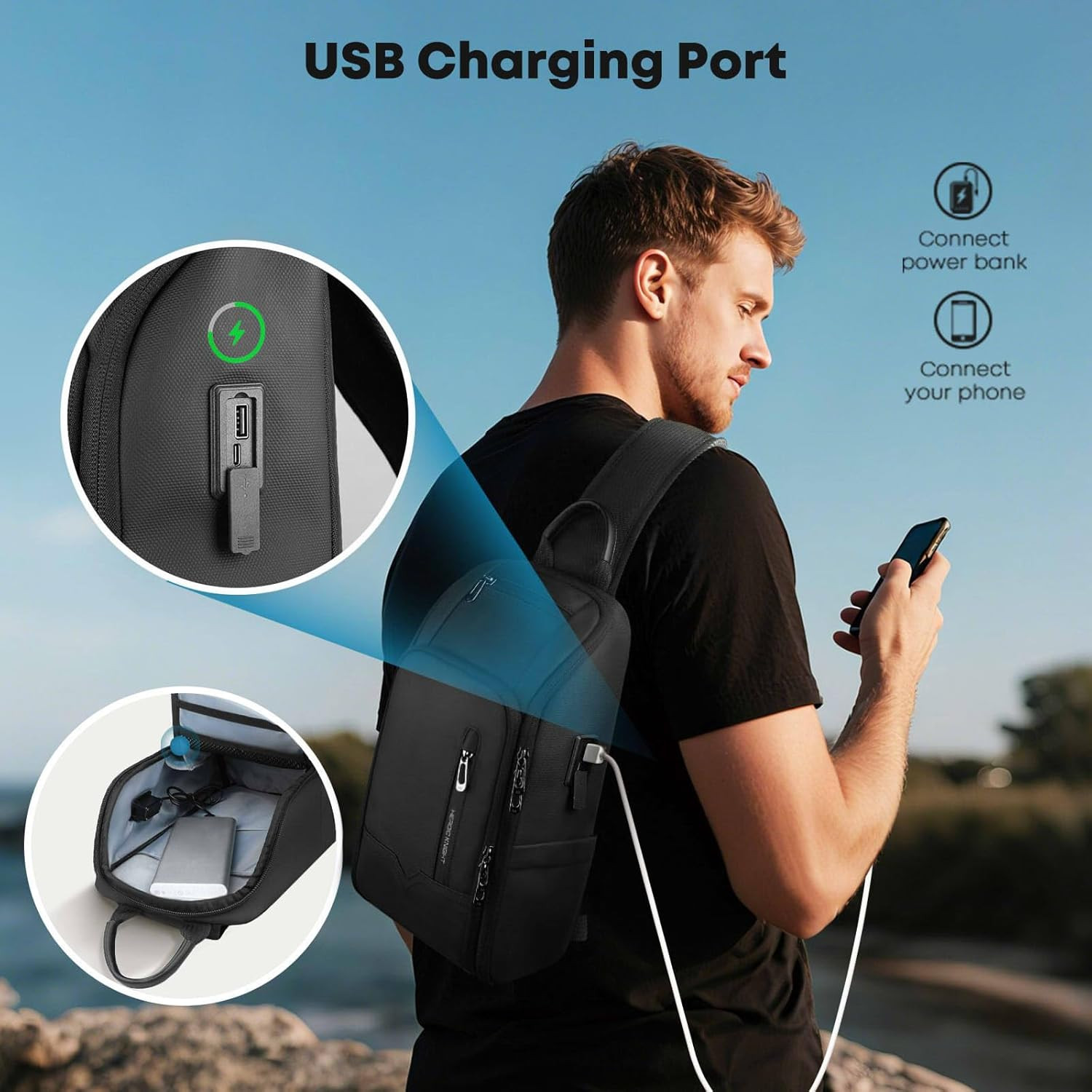 Crossbody Sling Bag for Men, Waterproof Sling Crossbody Backpack with USB Chargi