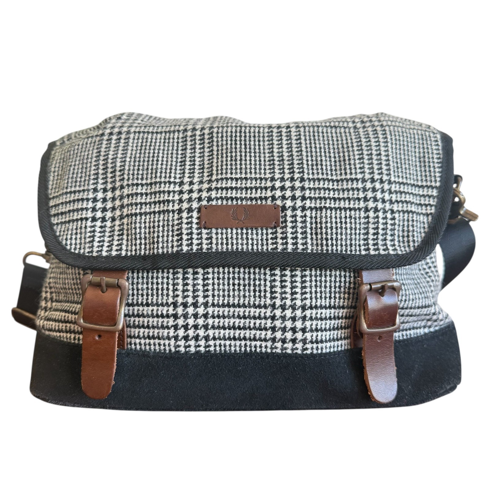 Authentic Fred Perry Crossbody Bag Black White Plaid Suede Leather Messenger