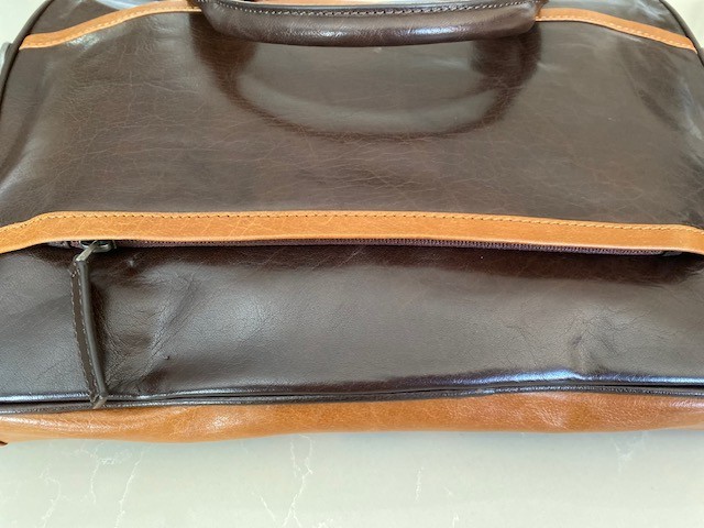 Joseph Abboud Brown/Tan Rustico Leather Handbag with Pockets and Adj Strap