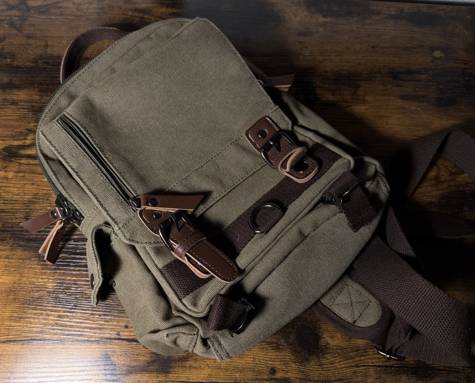 Olive Green Messenger Bag for Men with Zip Buckle Closures Inner Outer Pockets