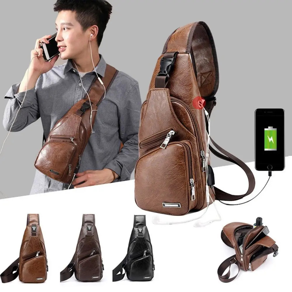 USB data cable charging chest bag casual fashion shoulder bag PU outdoor sports