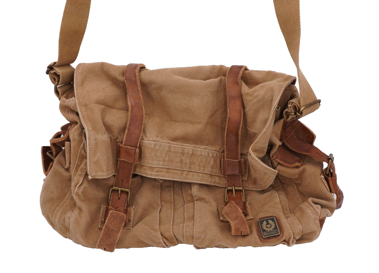 $845 | BELSTAFF COLONIAL COTTON TWILL LEATHER MESSENGER SATCHEL MOUNTAIN TAN