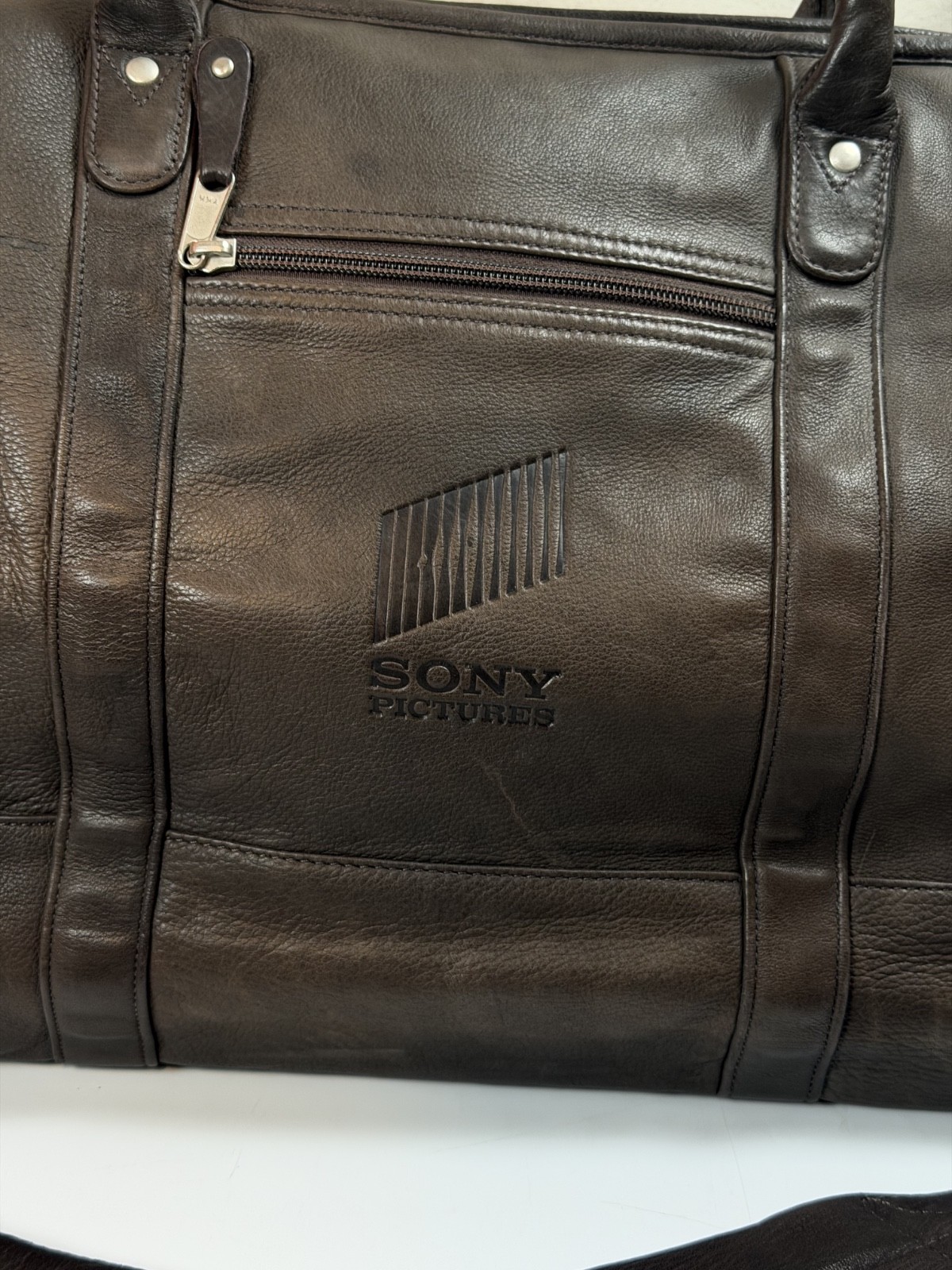 Vintage Brown Leather Duffle Bag Weekender Sony Pictures Promotional 22x13x8